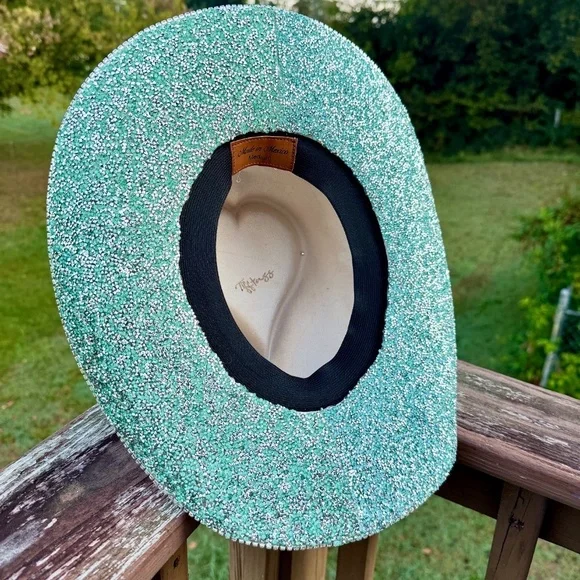 Bedazzled Aqua Rhinestone Heart Shaped Suede Cowboy Hat display picture 3